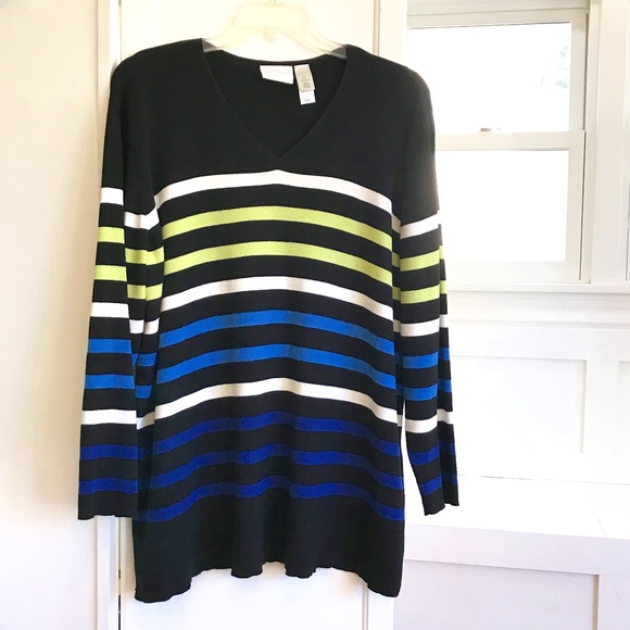 ELISABETH 100% Cotton Sweater Striped Long Sleeve V Neck Women’s Plus Size 2X - Picture 1 of 12